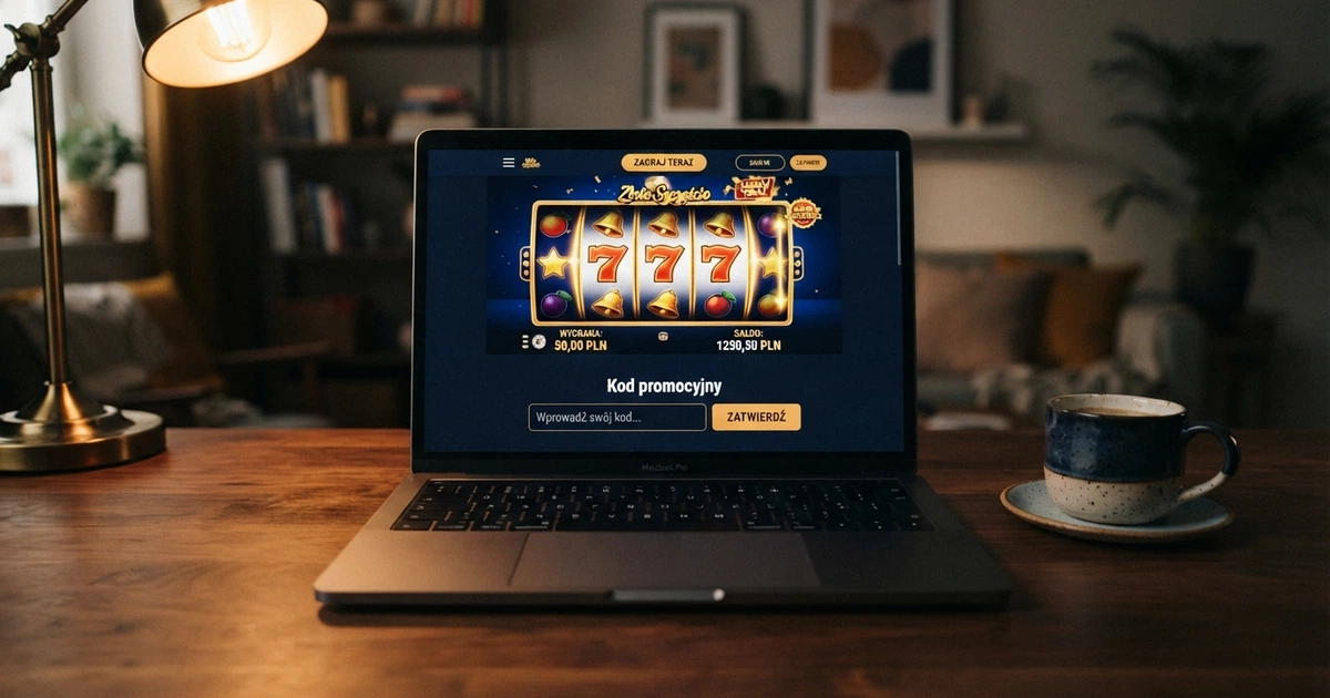 Ekran kasyna online z widoczną ofertą bonusu za rejestrację i polem na kod promocyjny