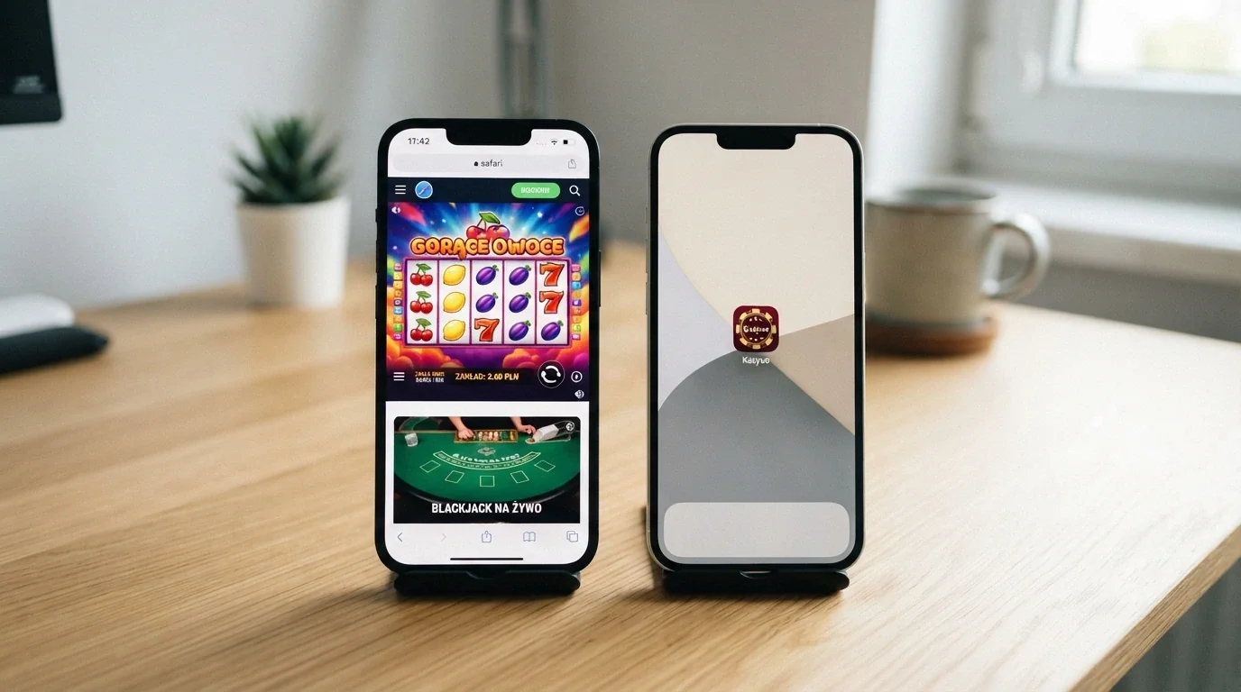 Dwa ekrany iPhone'a obok siebie: przeglądarka Safari z kasynem online po lewej, ikona pobranej aplikacji kasyna po prawej