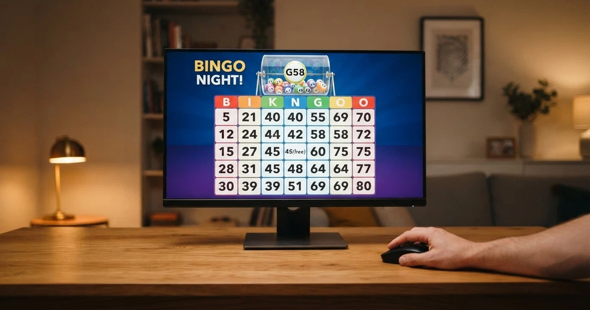 Stół do bingo z rozłożonymi kartami i kolorowymi kulami na ekranie komputera, obok widoczny interfejs kasyna online