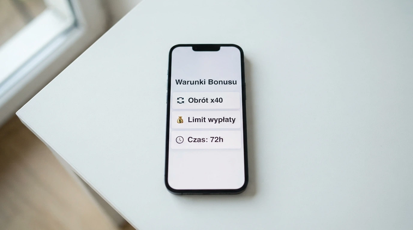Zbliżenie na ekran smartfona z regulaminem promocji — widoczne pola: warunek obrotu, limit wypłaty i czas na rozliczenie bonusu