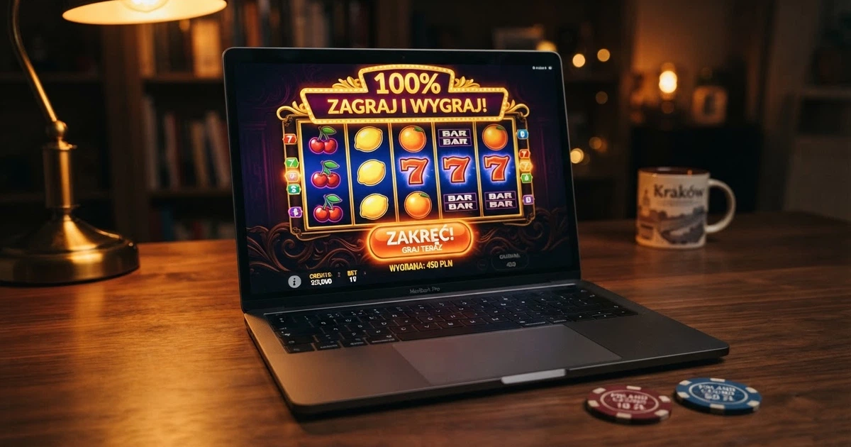 Ekran powitalny kasyna online z ofertą bonusu 100% od depozytu — widoczny suwak kwoty depozytu, przycisk aktywacji promocji i symbole automatów w tle