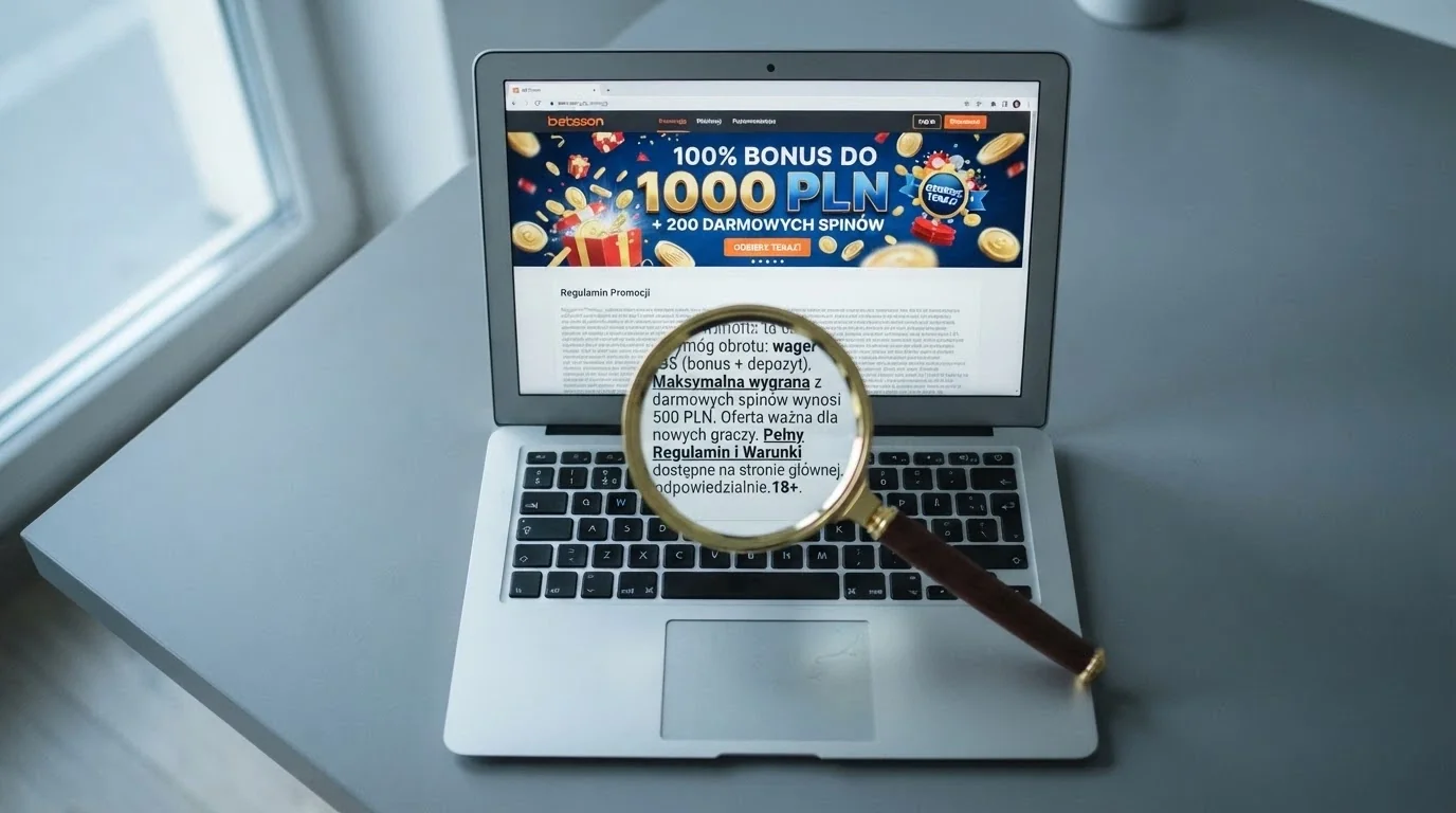 Strona promocyjna kasyna online z ofertą bonusu powitalnego i darmowych spinów, z lupą na zapisach regulaminu o warunkach obrotu
