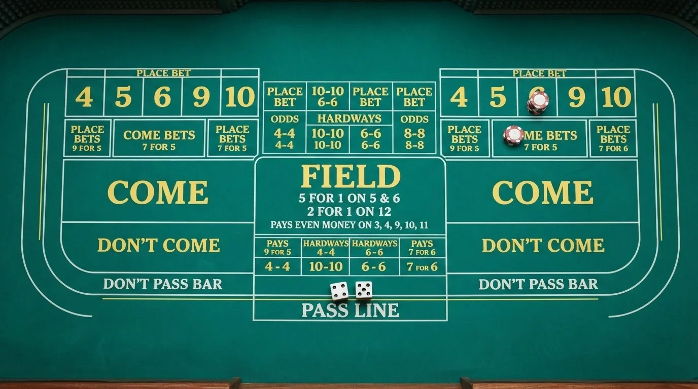 Układ stołu do Craps z zaznaczonymi polami zakładów — pass line, don't pass, come, field i place bets