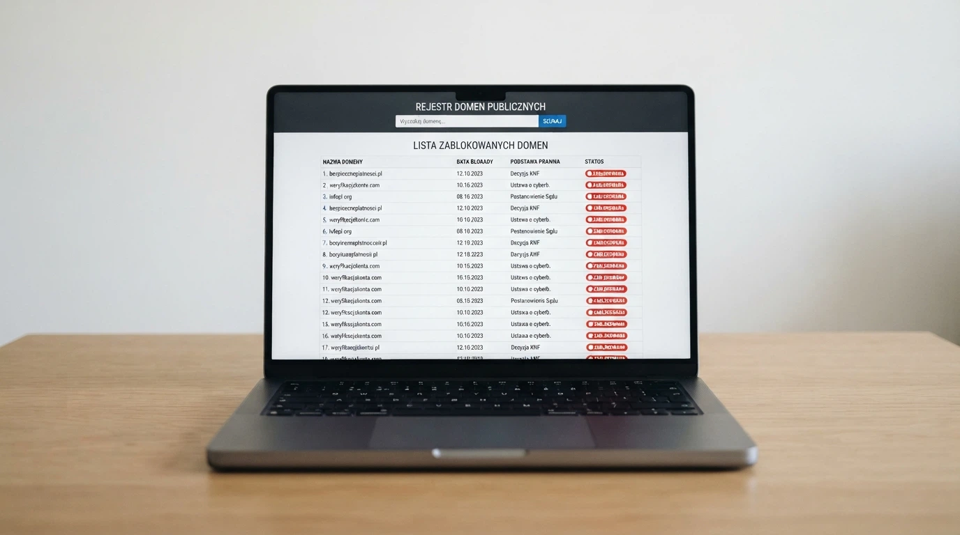 Ekran laptopa z otwartą stroną Rejestru Domen Hazardowych Ministerstwa Finansów — widoczna lista zablokowanych domen i pole wyszukiwania