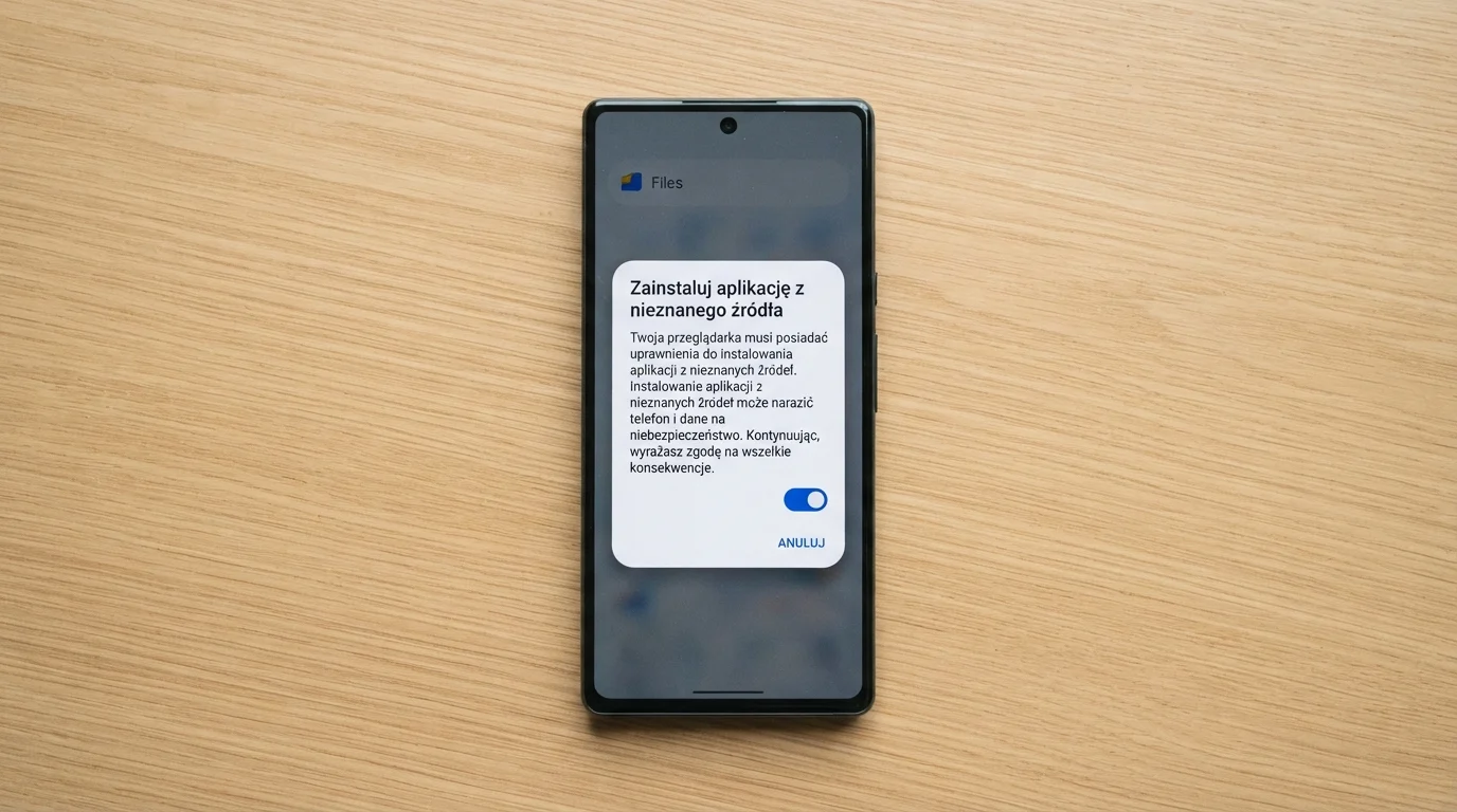 Telefon z Androidem pokazujący ekran „Zainstaluj aplikację z nieznanego źródła” z widocznym przyciskiem zezwolenia