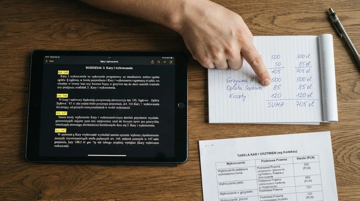 Zbliżenie na paragrafy ustawy o grach hazardowych (art. 89, art. 107 § 2 kks) na ekranie tabletu, obok leży kalkulator i wydruk z kwotami grzywien