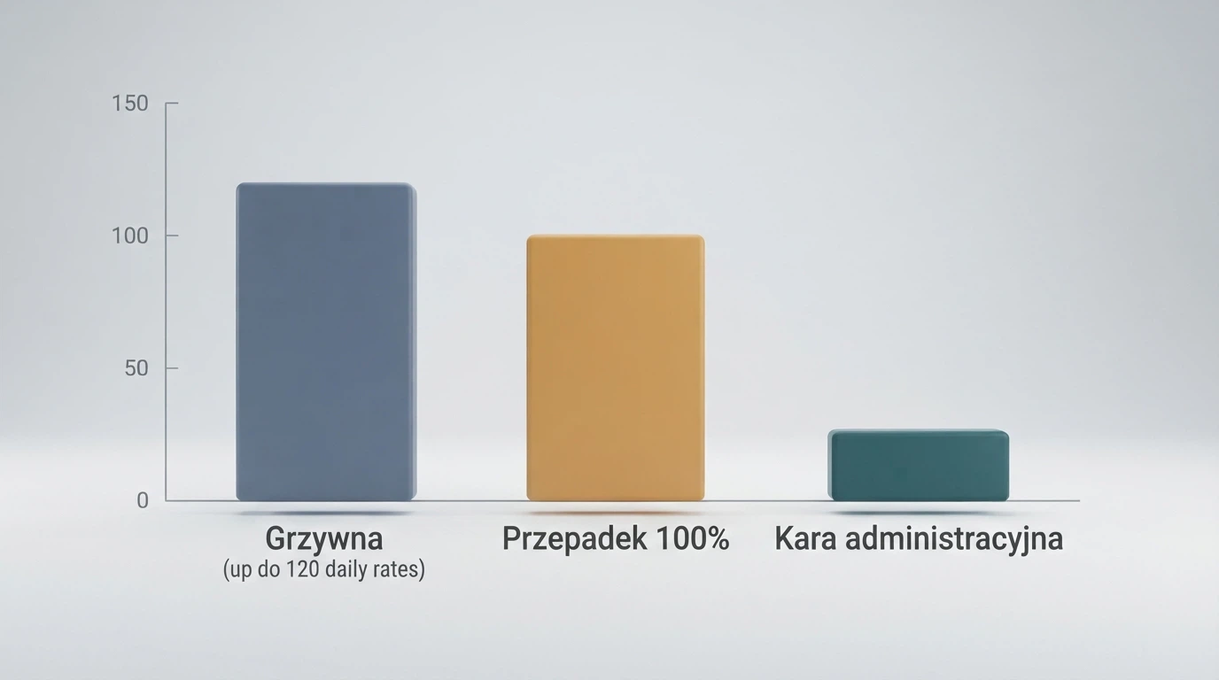 Infografika: trzy słupki przedstawiające grzywnę kks (do 120 stawek dziennych), przepadek 100% wygranej i karę administracyjną — z osiągnięciem kwoty na osi
