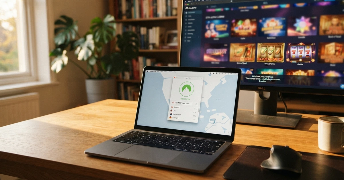 Laptop z interfejsem VPN na ekranie, w tle lobby kasyna online z widocznymi grami slotowymi i komunikatami o blokadzie regionalnej