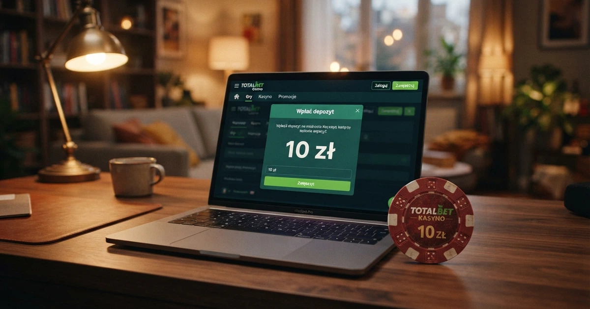 Strona kasyna online na ekranie laptopa z widocznym polem wpłaty i kwotą 10 zł, obok leży polski banknot 10-złotowy