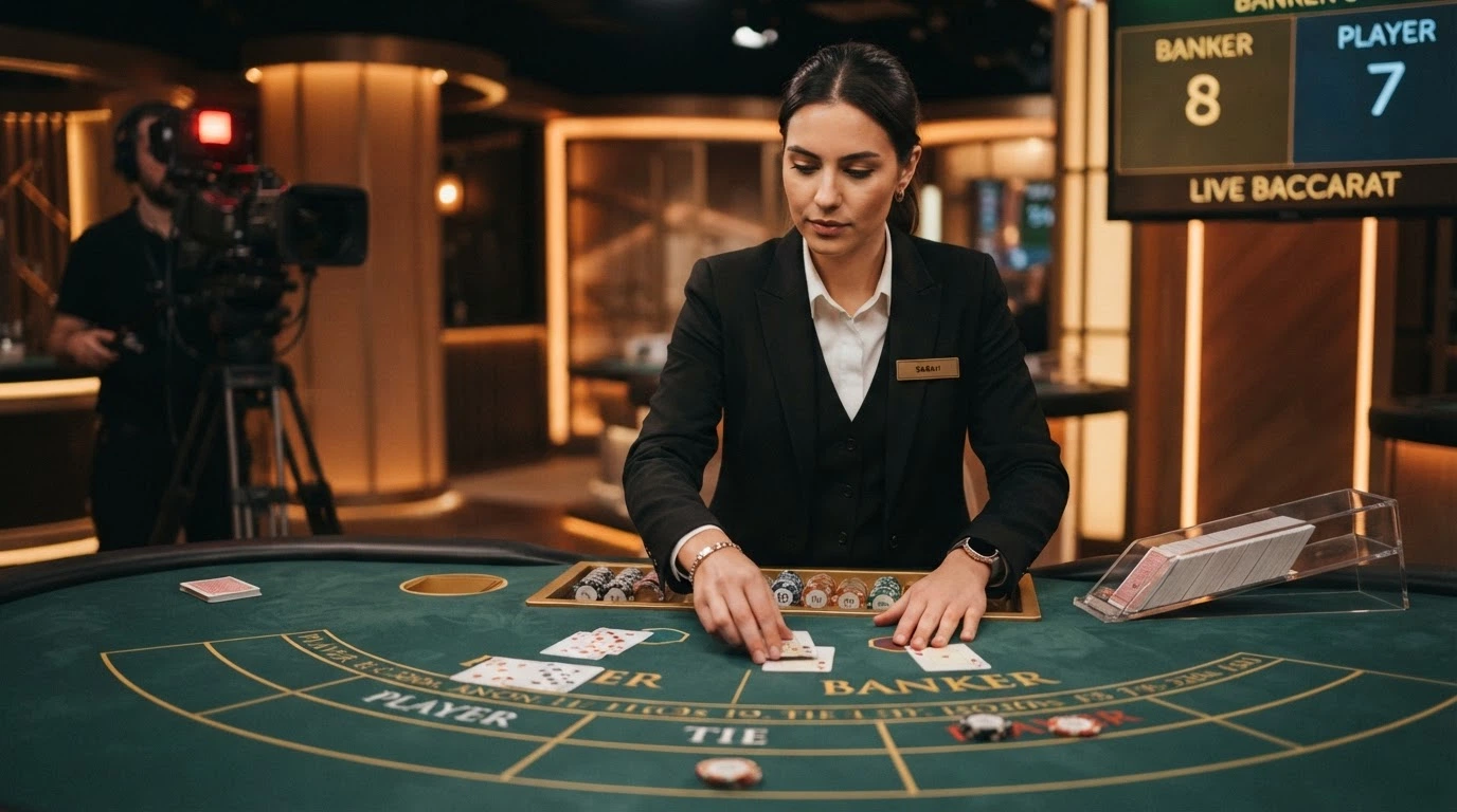 Krupier na żywo przy stole do bakarata online rozdający karty przed kamerą studia kasynowego