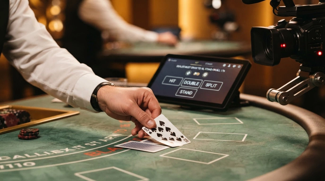 Zbliżenie na dłoń krupiera odkrywającego karty przy stole do blackjacka — widoczny ekran z interfejsem zakładów i kamera transmitująca obraz w jakości HD