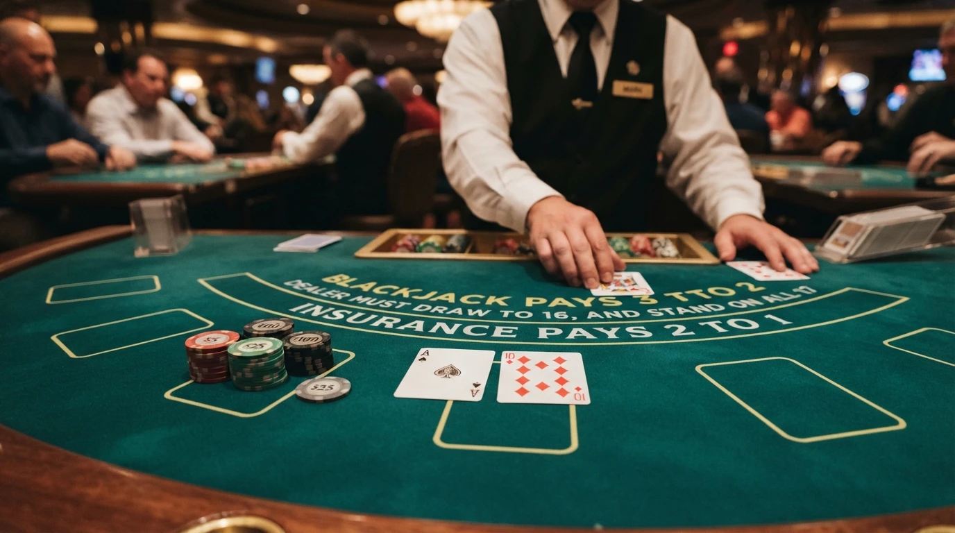 Krupier na żywo rozdający karty przy stole do blackjacka — widok z perspektywy gracza, układ kart na zielonym suknie