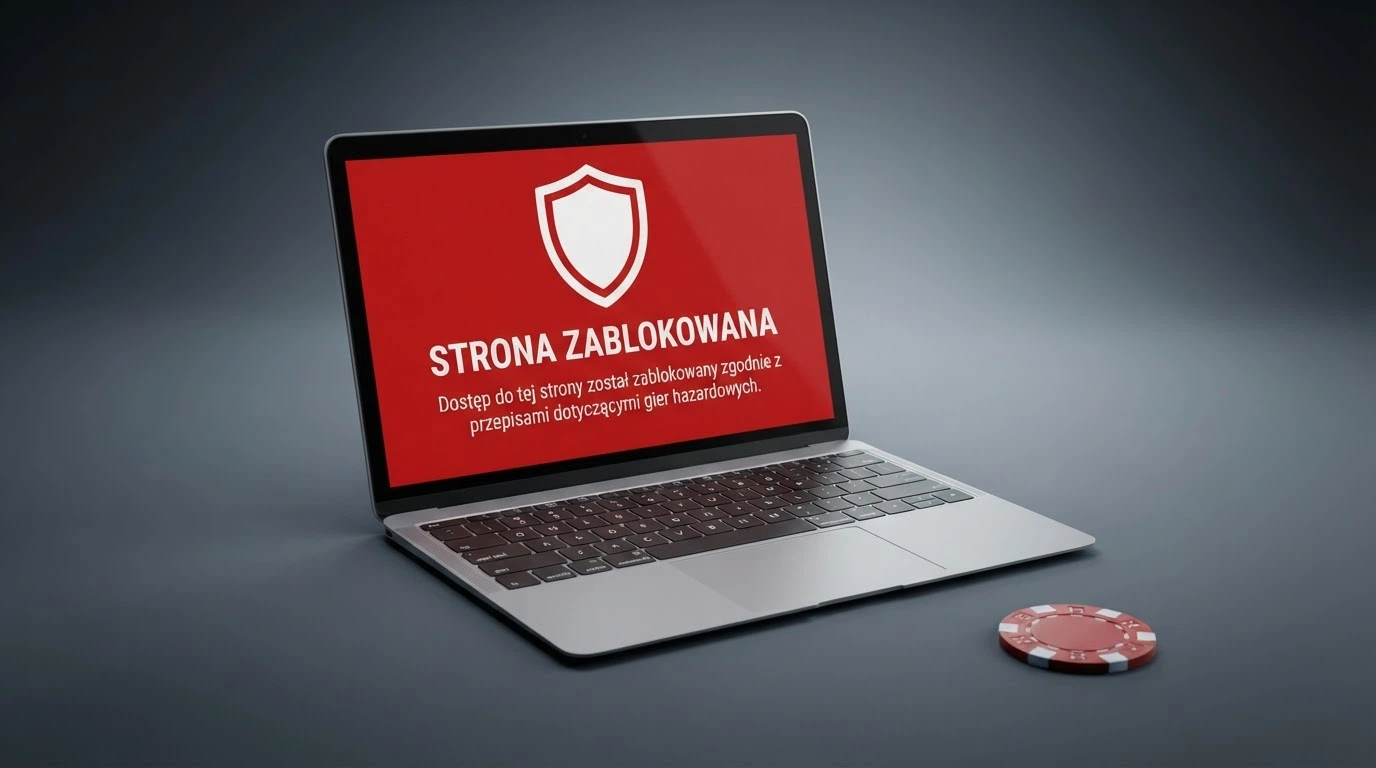 Dokument urzędowy z pieczęcią Ministerstwa Finansów obok ekranu z komunikatem ostrzegawczym o nielegalnym hazardzie