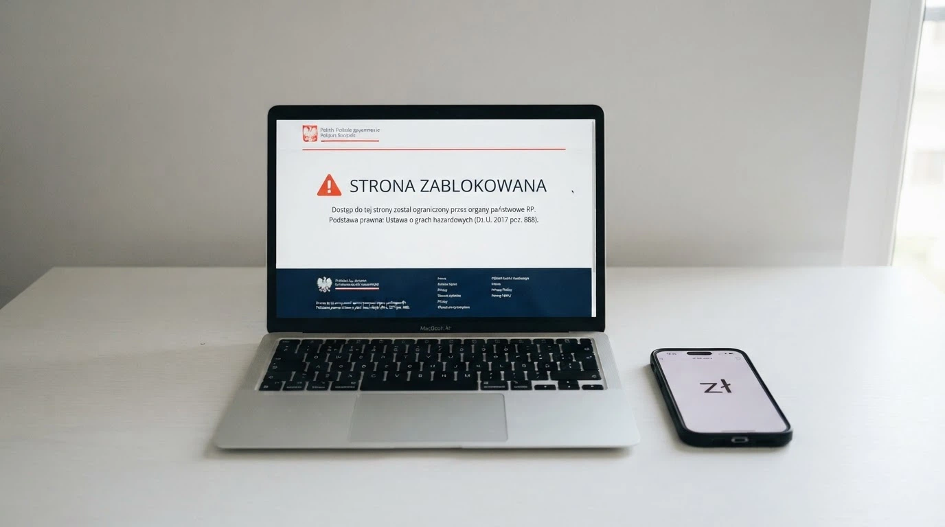 Ekran z komunikatem ostrzegawczym Ministerstwa Finansów na tle polskiej flagi i dokumentu ustawy o grach hazardowych — symbol kontroli państwa nad rynkiem hazardu online