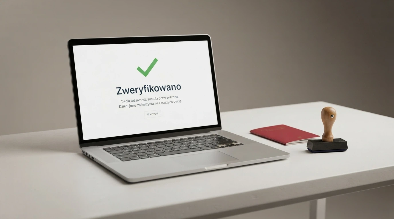 Ekran Total Casino z widocznym logotypem Totalizatora Sportowego i panelem weryfikacji tożsamości, obok dokument z pieczęcią Ministerstwa Finansów