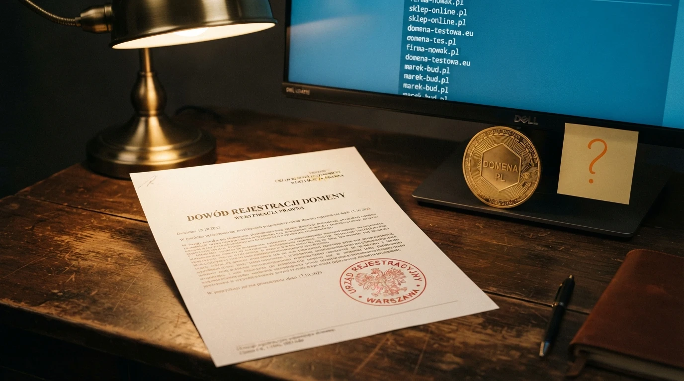 Dokument urzędowy z pieczęcią Ministerstwa Finansów i fragment Rejestru Domen na ekranie monitora, obok symbol Binance Coin i znak zapytania