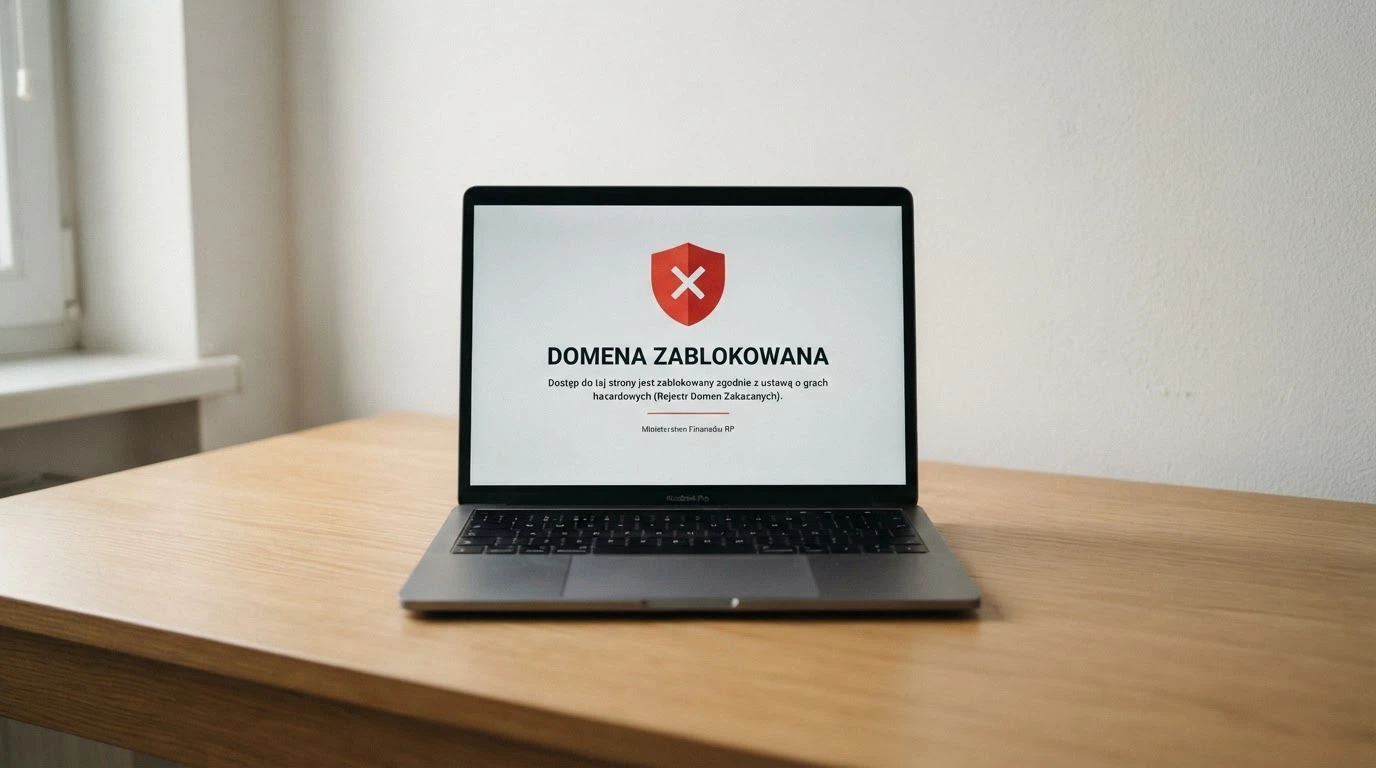 Dokument urzędowy z pieczęcią Ministerstwa Finansów obok ekranu komputera z przekreślonym symbolem kasyna i napisem „Rejestr Domen Zakazanych”