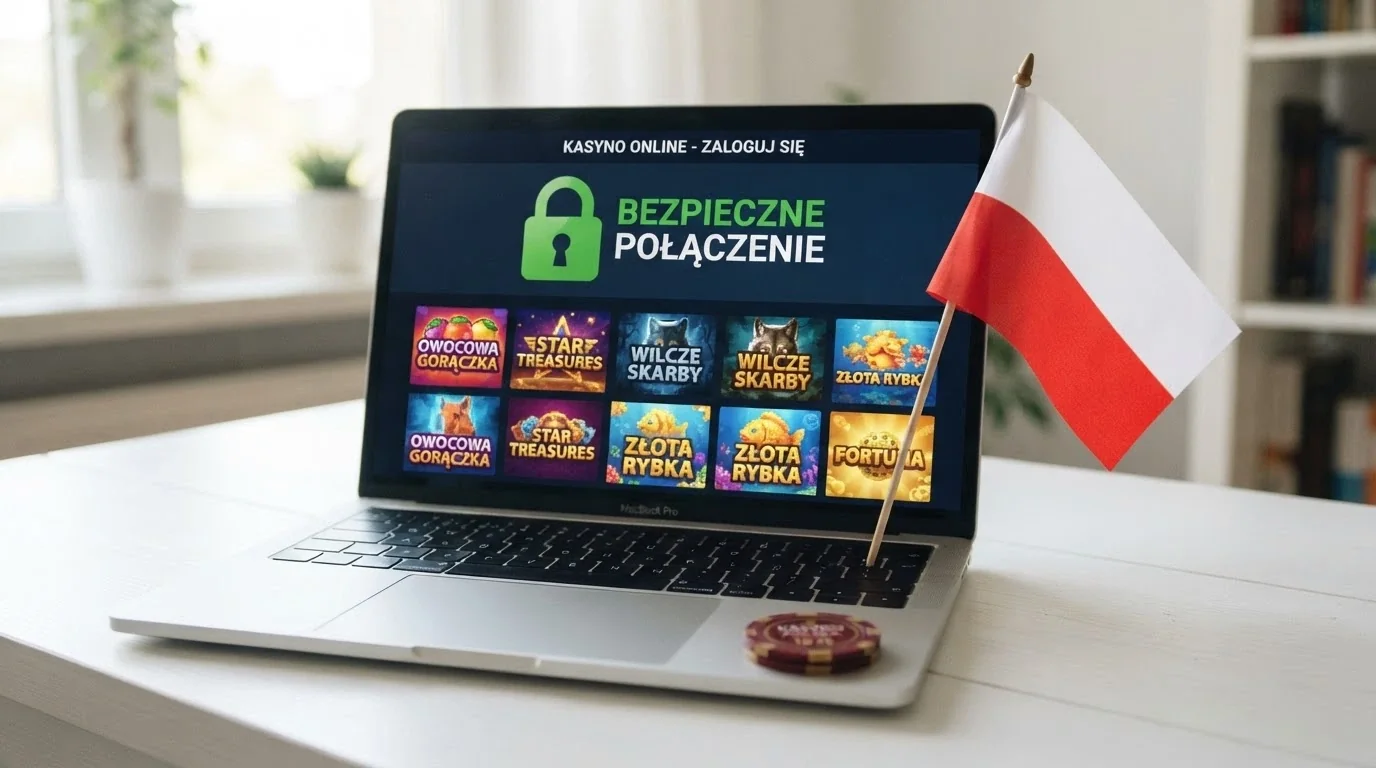 Biało-czerwona flaga Polski obok ekranu laptopa z widoczną stroną Total Casino i symbolem kłódki