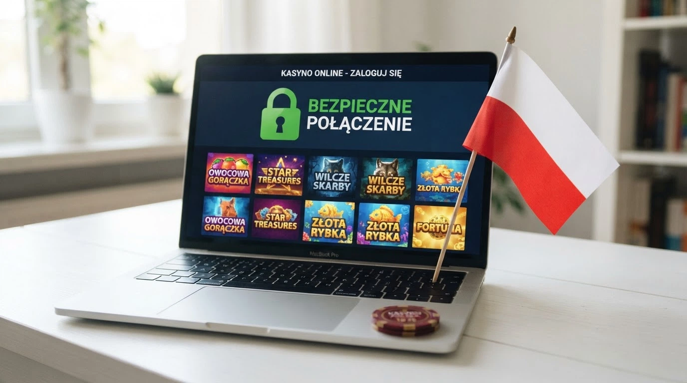 Biało-czerwona flaga Polski obok ekranu laptopa z widoczną stroną Total Casino i symbolem kłódki