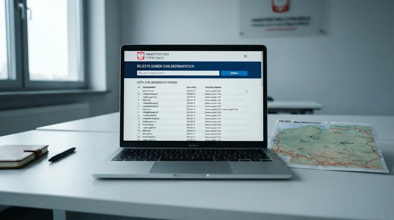 Fragment ekranu z Rejestru Domen hazard.mf.gov.pl lub oficjalnego komunikatu Ministerstwa Finansów na tle mapy Polski z oznaczeniem granic jurysdykcji