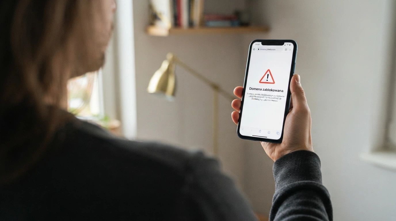 Dokument urzędowy z pieczęcią MF obok ekranu iPhone'a z ostrzeżeniem o blokadzie domeny