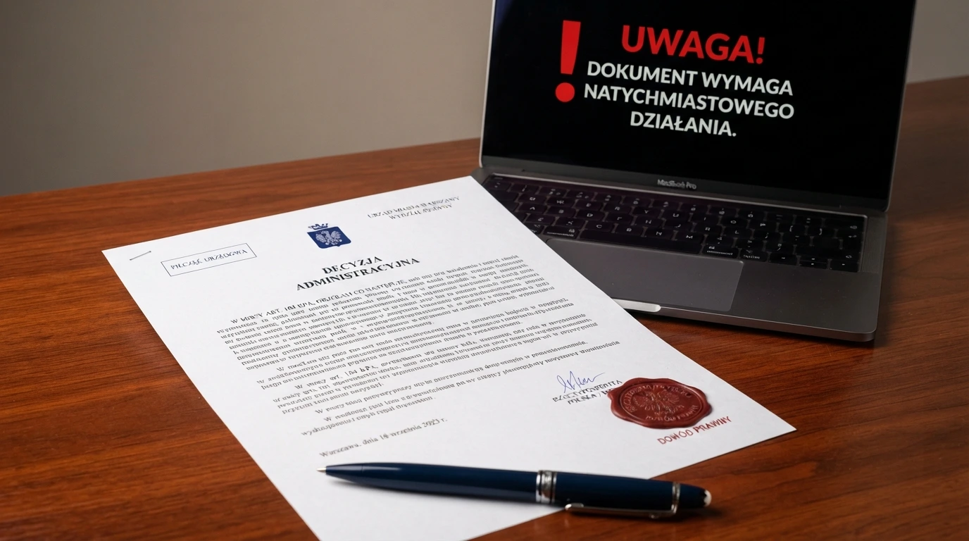 Dokument urzędowy z pieczęcią Ministerstwa Finansów obok ekranu z komunikatem ostrzegawczym i logo Total Casino