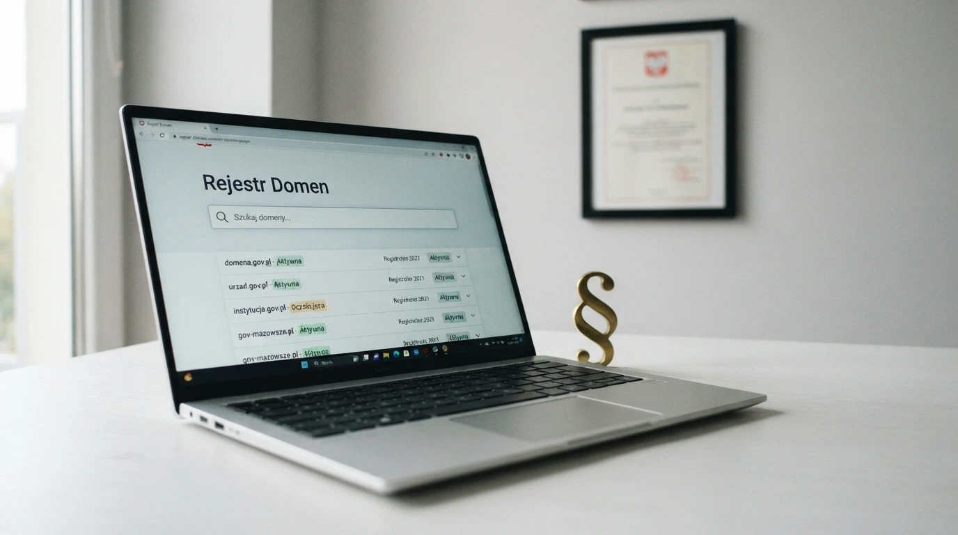 Ekran komputera z otwartą stroną Rejestru Domen hazard.mf.gov.pl obok logo Total Casino i symbolu paragrafu