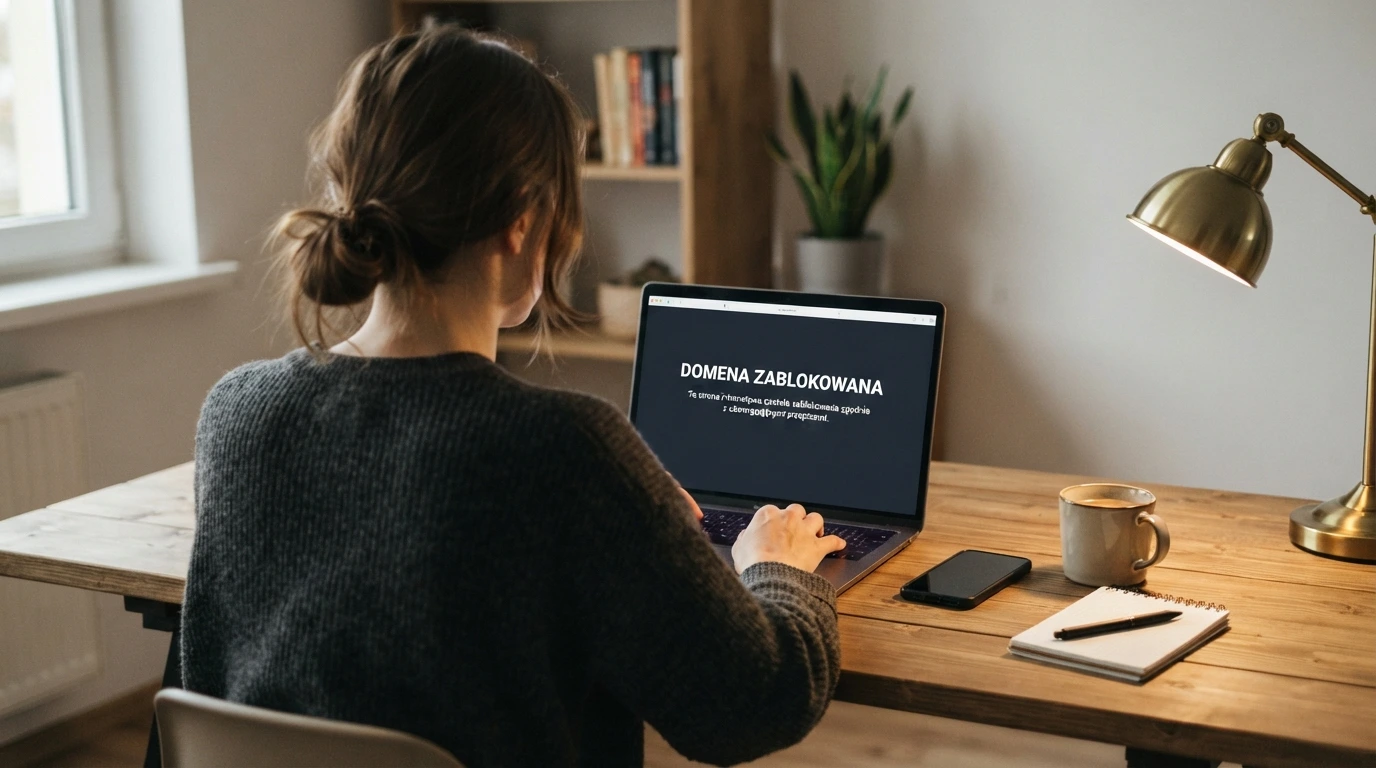 Ekran komputera z otwartą stroną rejestru domen hazardowych Ministerstwa Finansów i dokumentem ustawy o grach hazardowych w tle