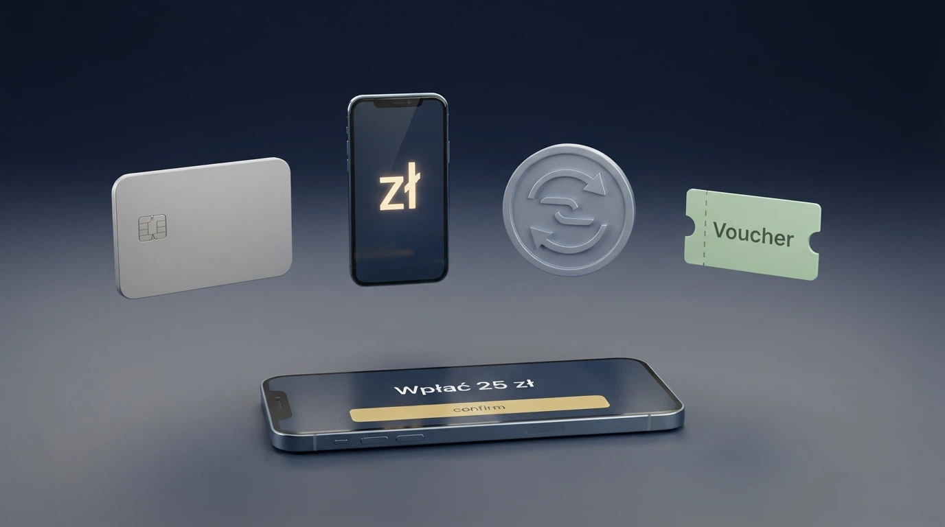 Zestawienie logotypów metod płatności — BLIK, Visa, Mastercard, Przelewy24 — na tle ekranu kasyna z polem wyboru metody wpłaty