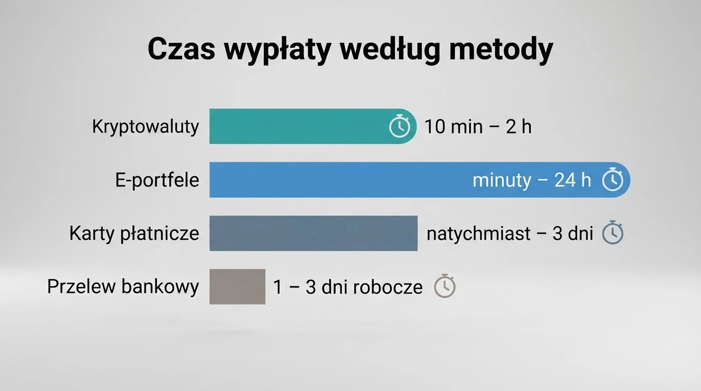 Cztery metody płatności — kryptowaluty, e-portfel, karta i przelew bankowy — ułożone od najszybszej do najwolniejszej