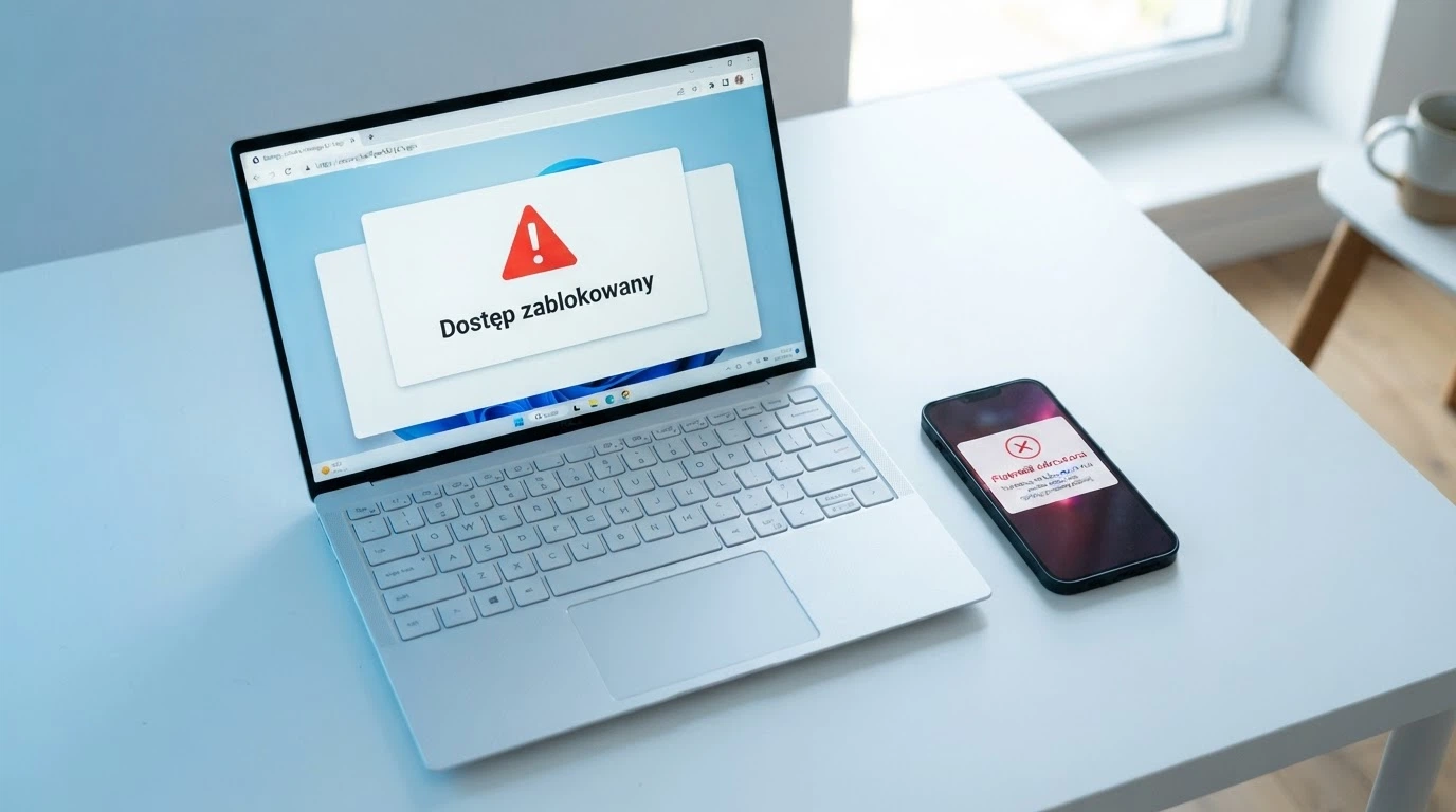 Dokument urzędowy z pieczęcią Ministerstwa Finansów obok ekranu kasyna online z przekreśloną ikoną — symbol legalnego monopolu i blokady nielegalnych serwisów