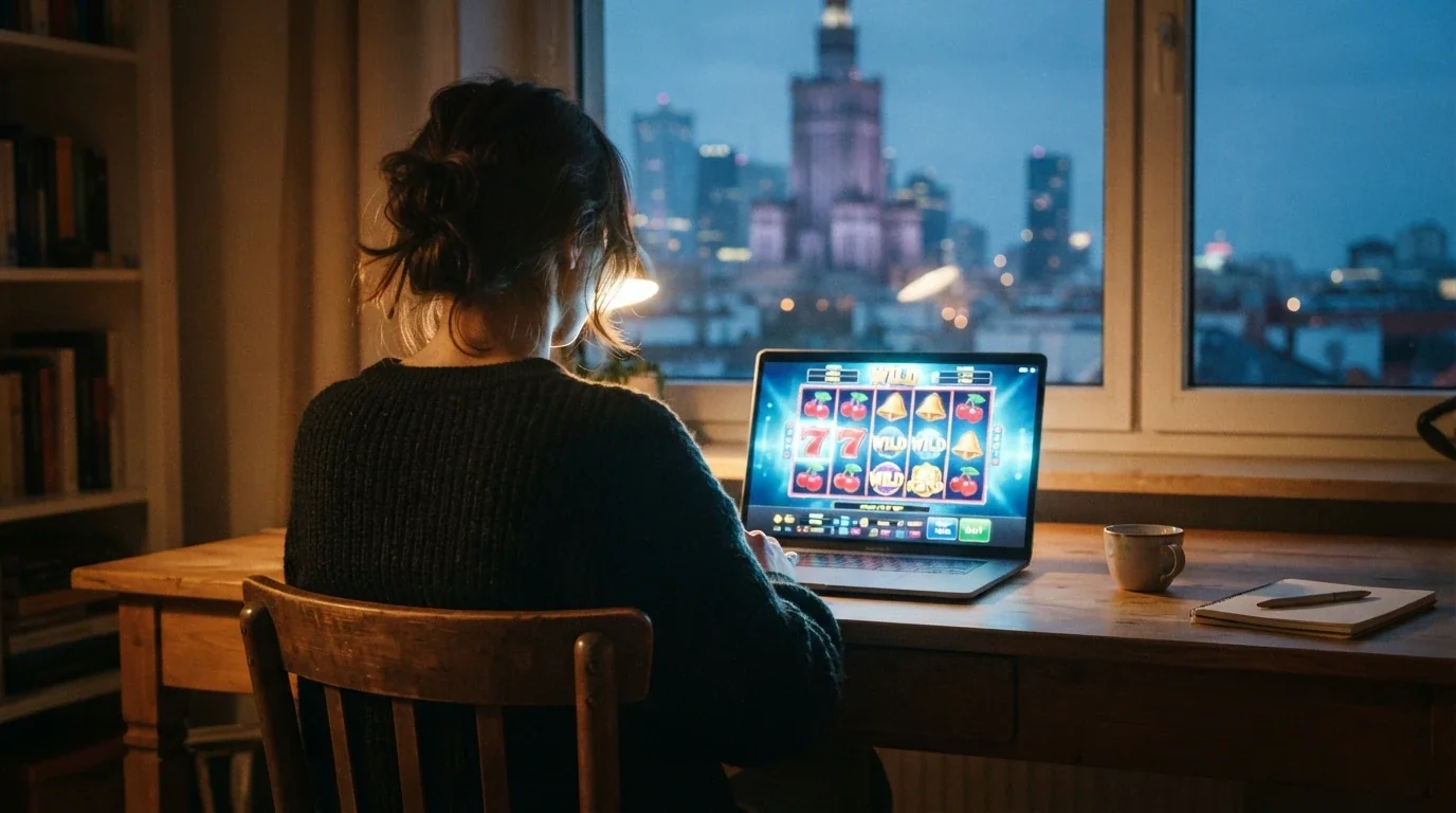 Dokument urzędowy z pieczęcią Ministerstwa Finansów obok ekranu z kasynem online i znakiem zapytania