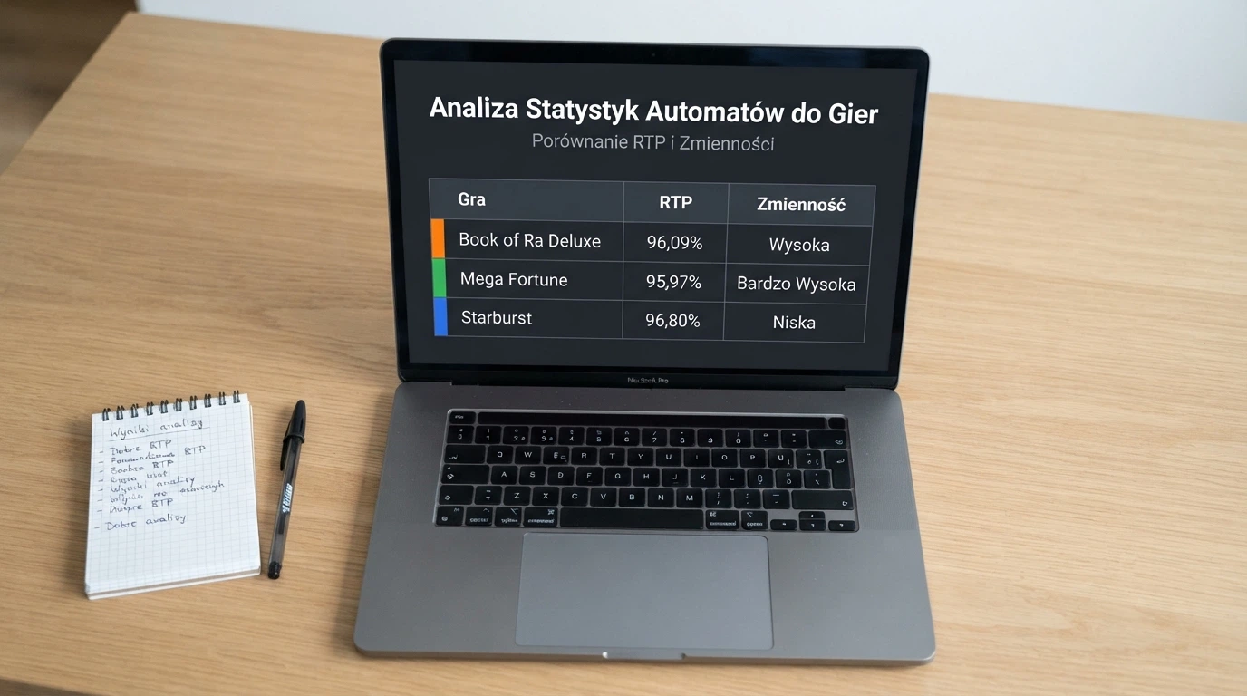 Układ tabelaryczny slotów NetEnt z widocznymi wartościami RTP — Starburst 96,09%, Gonzo's Quest 95,97%, Dead or Alive 2 96,80% — na ekranie laptopa
