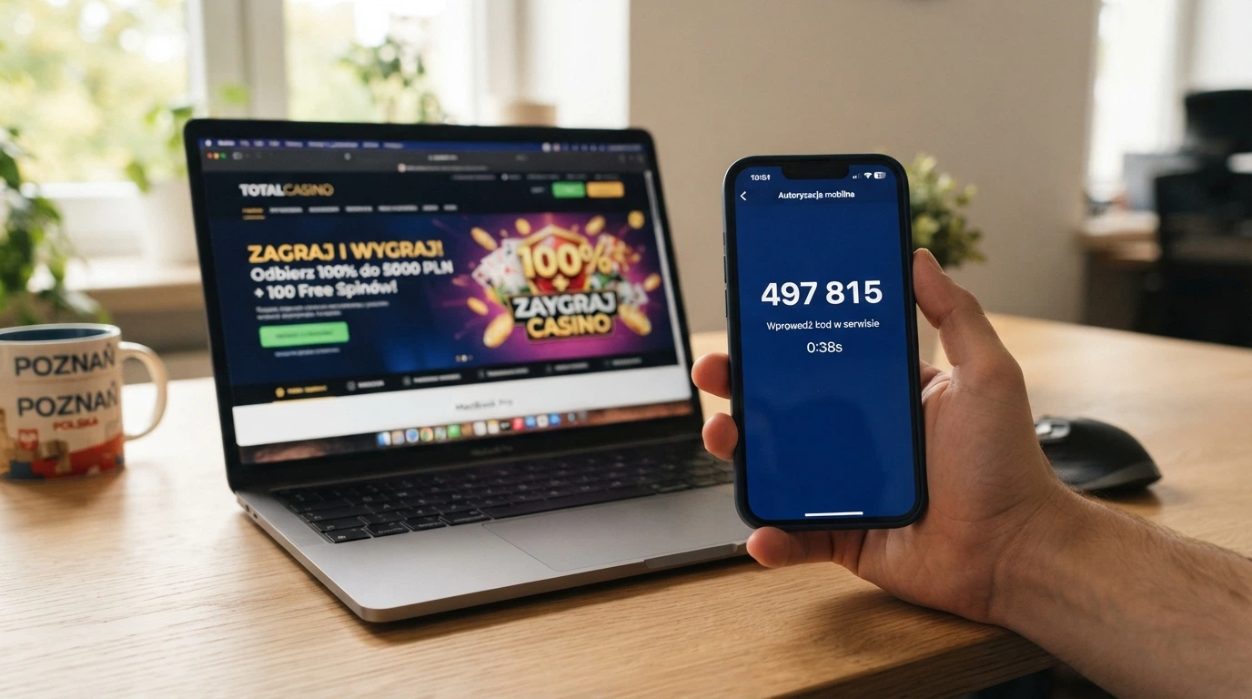 Smartfon z ekranem płatności BLIK obok laptopa z otwartą stroną kasyna — na ekranie telefonu widoczny kod BLIK
