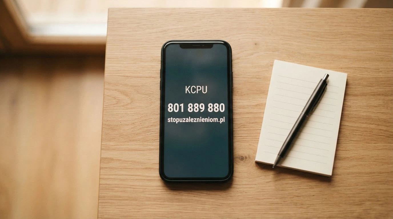 Telefon z widocznym numerem 801 889 880, logo KCPU i stopuzaleznieniom.pl na ekranie — pomoc w zasięgu ręki