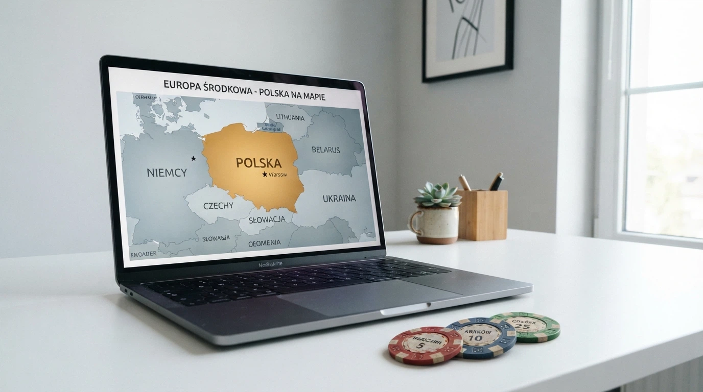 Ekran laptopa z tabelą porównawczą marek kasyn offshore — kolumny z nazwami, licencjami (Curacao/MGA) i kwotami bonusów, na tle mapy Europy z podświetloną Polską