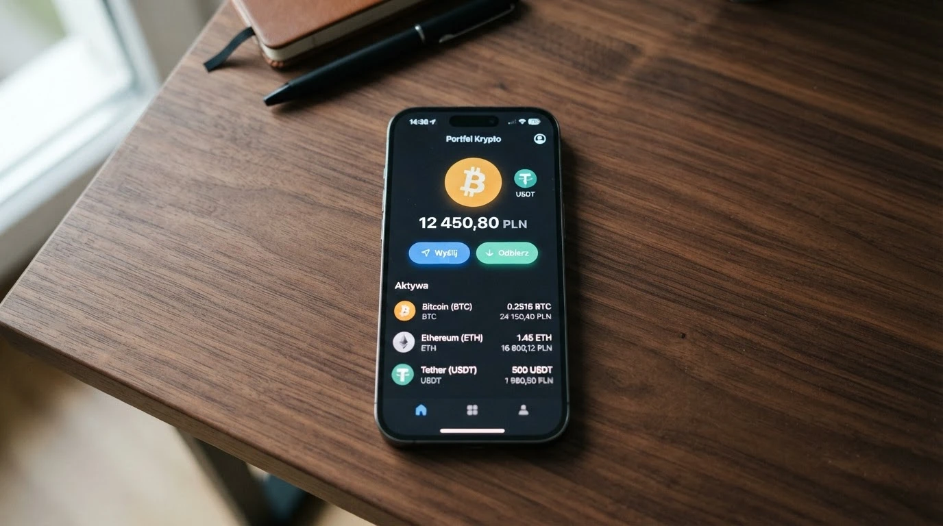 Interfejs portfela kryptowalutowego na ekranie telefonu obok symboli Bitcoina i USDT