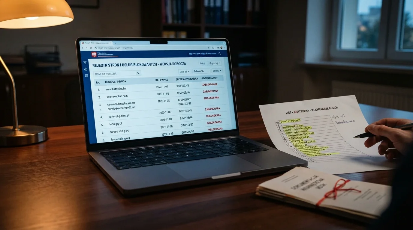 Fragment oficjalnego rejestru domen hazardowych z widocznymi wpisami i datami blokad, obok logo Ministerstwa Finansów