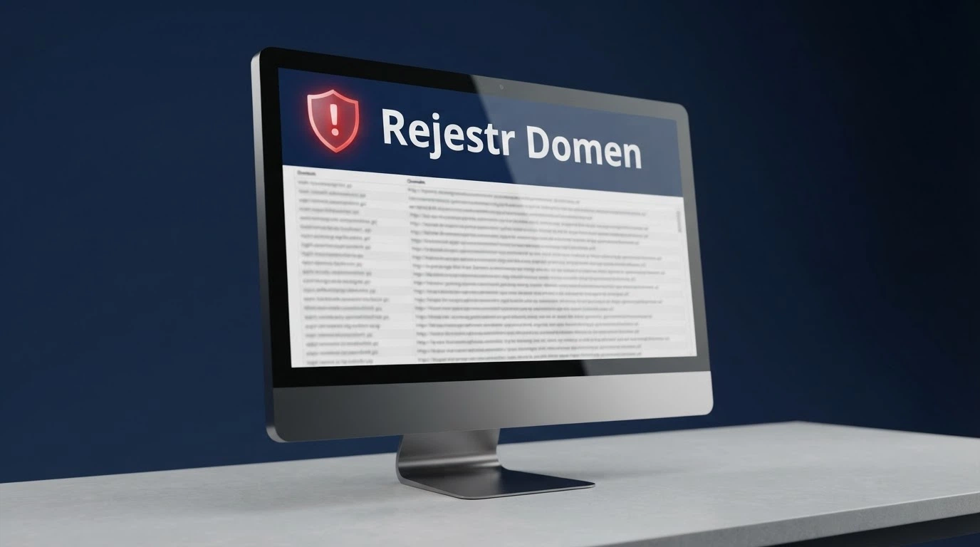 Fragment oficjalnej strony Ministerstwa Finansów z komunikatem o Rejestrze Domen — ekran monitora z widoczną listą zablokowanych adresów