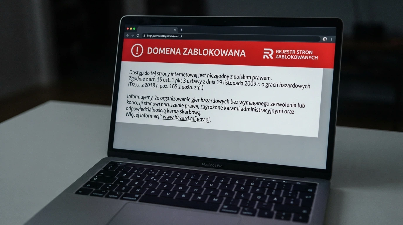 Strona ostrzegawcza Ministerstwa Finansów — komunikat o zablokowaniu domeny hazardowej z podstawą prawną i logo MF