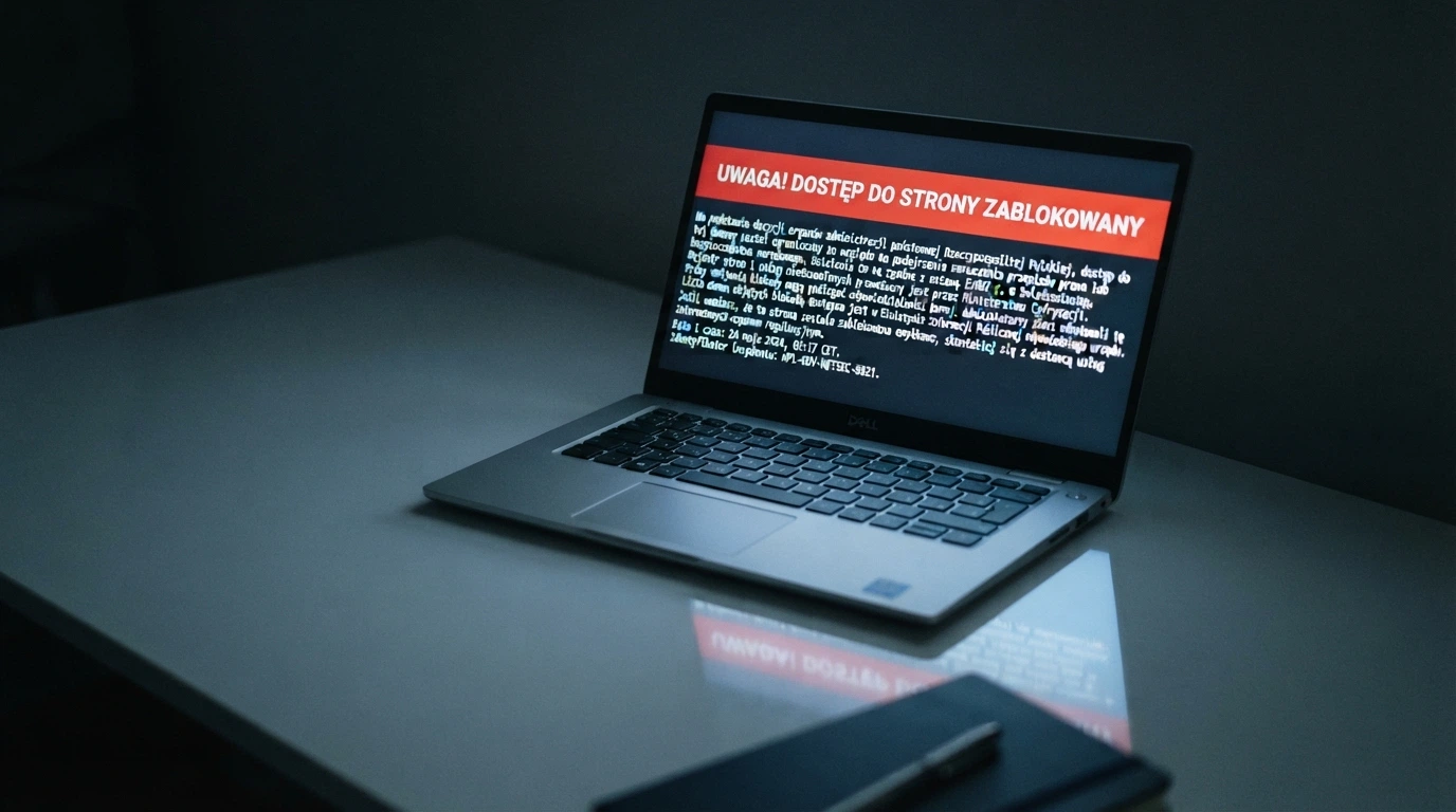Ekran komputera z otwartą stroną Rejestru Domen hazard.mf.gov.pl i komunikatem ostrzegawczym Ministerstwa Finansów