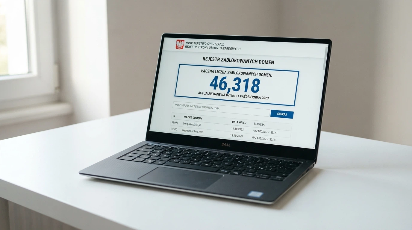 Ekran laptopa ze stroną Rejestru Domen Służących do Oferowania Gier Hazardowych Niezgodnie z Ustawą, widoczny pasek wyszukiwania i licznik wpisów