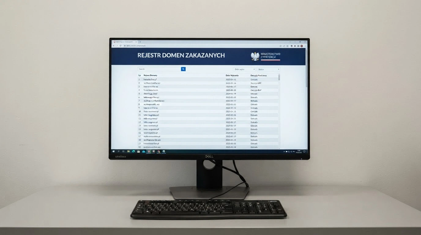 Ekran monitora z otwartą stroną hazard.mf.gov.pl pokazującą Rejestr Domen Zakazanych