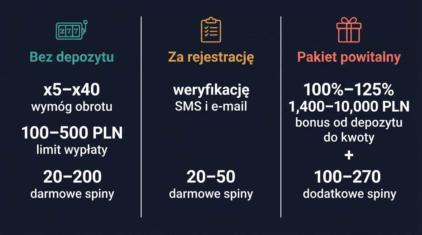 Trzy ścieżki bonusowe: rejestracja bez depozytu, pierwszy depozyt z pakietem powitalnym, kod promocyjny na telefonie