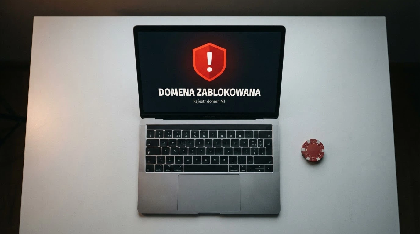 Dokument urzędowy z pieczęcią Ministerstwa Finansów obok ekranu komputera z przekreślonym symbolem kasyna