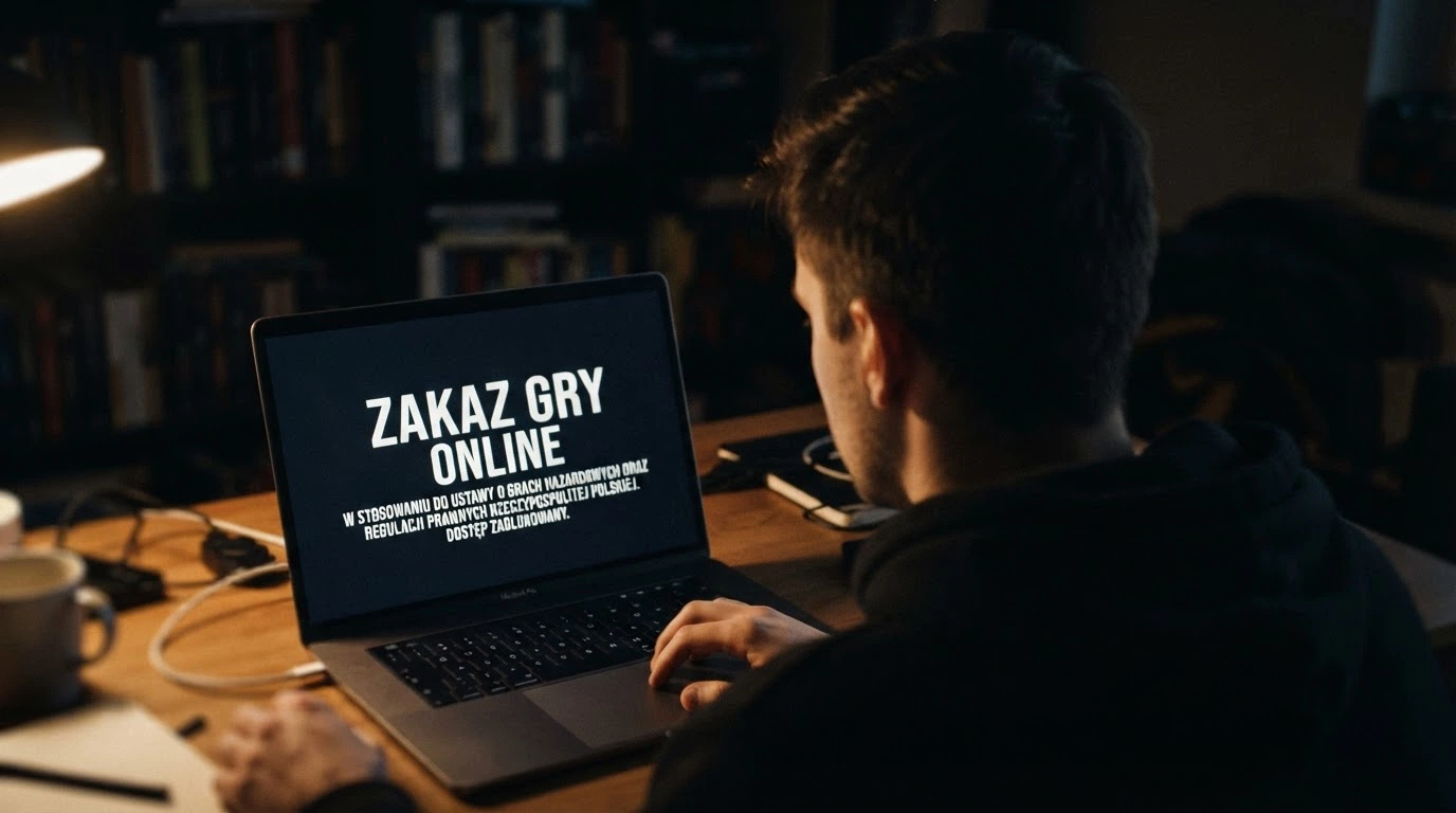 Paragraf ustawy o grach hazardowych na ekranie monitora obok logo kasyna offshore