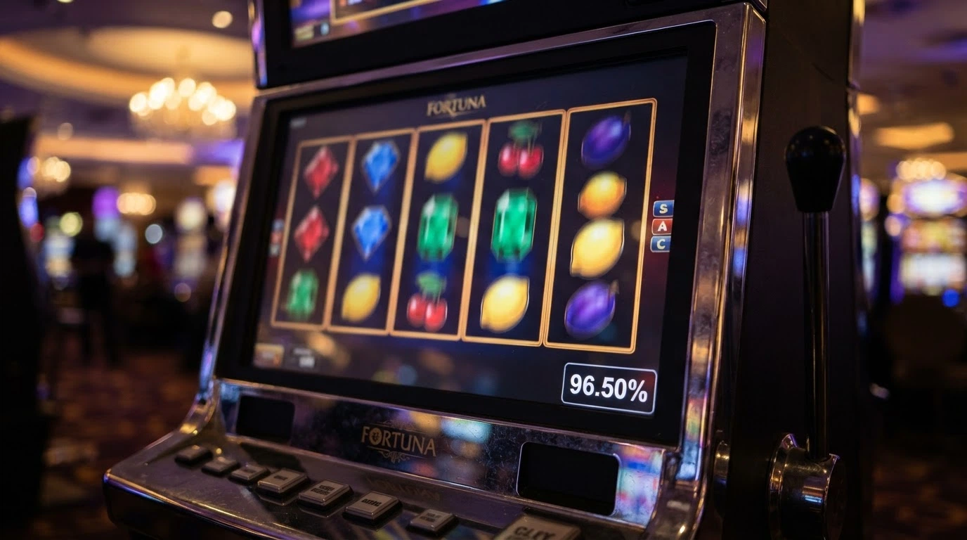 Ekran automatu online z widocznym wskaźnikiem RTP 96,50% i symbolem wysokiej wygranej na bębnach