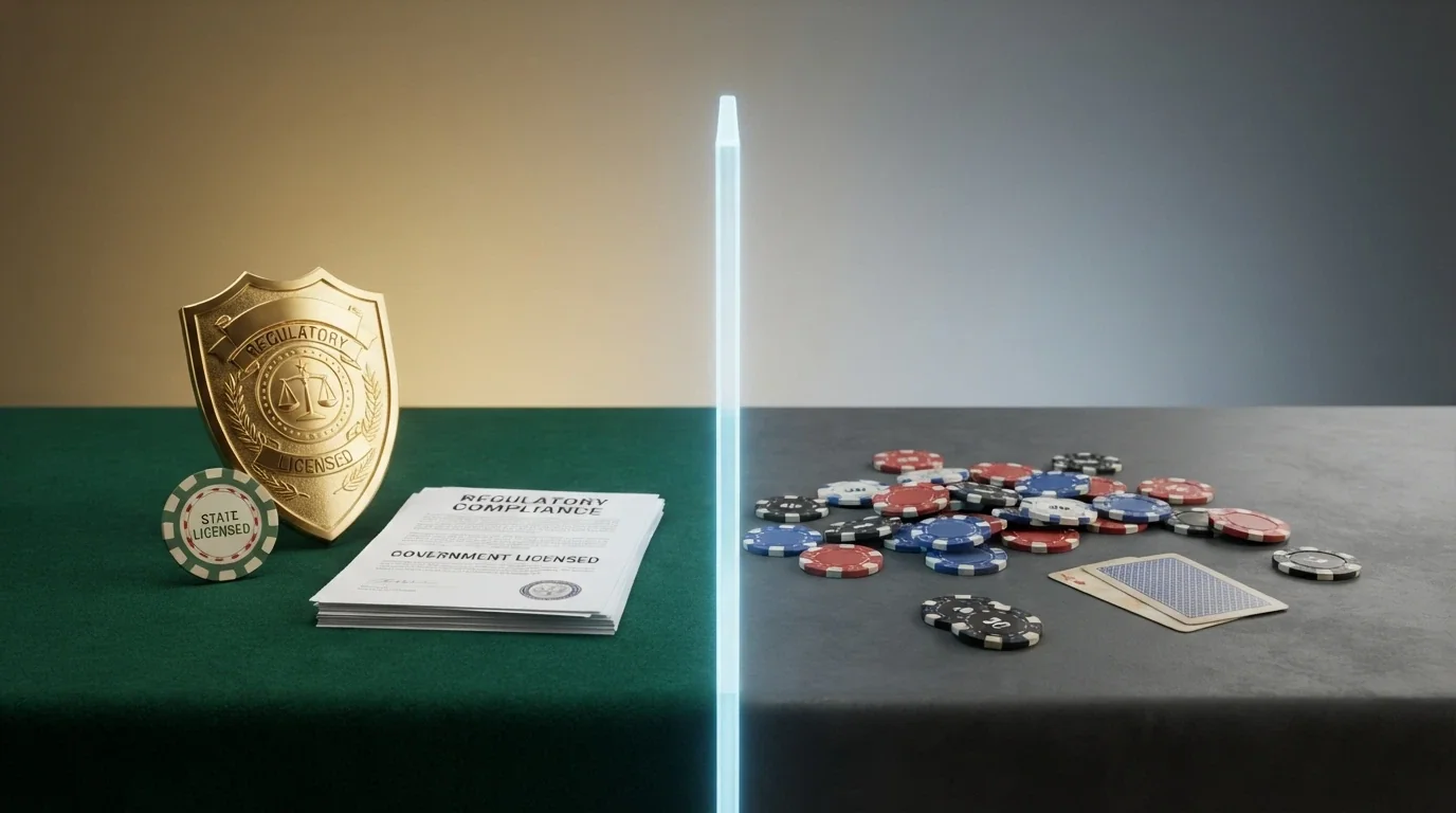 Infografika przedstawiająca podział polskiego rynku hazardu online: monopol państwowy (Total Casino) po lewej, operatorzy offshore po prawej — z zaznaczonymi konsekwencjami prawnymi dla gracza