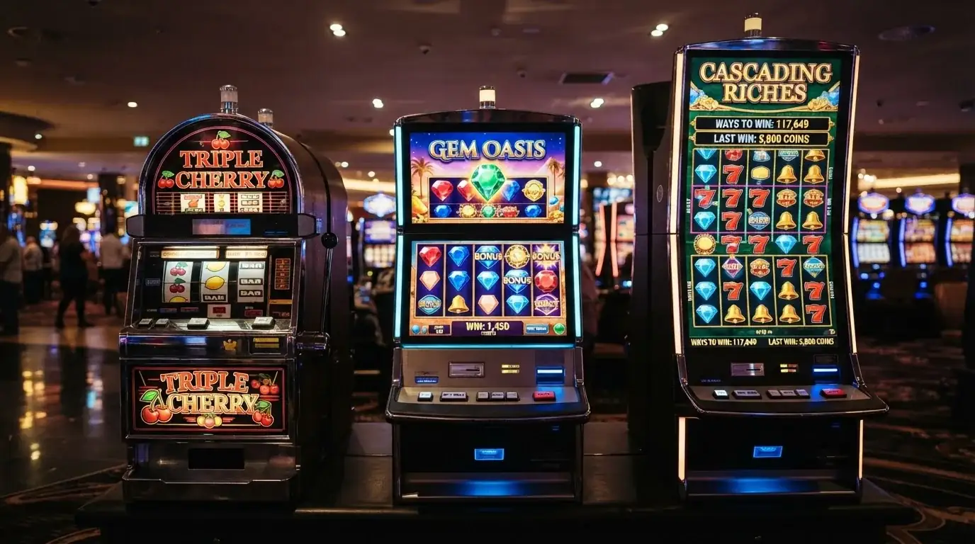 Trzy automaty obok siebie: klasyczny jednoręki bandyta z owocami, nowoczesny video slot z animacją i slot Megaways z wieloma bębnami