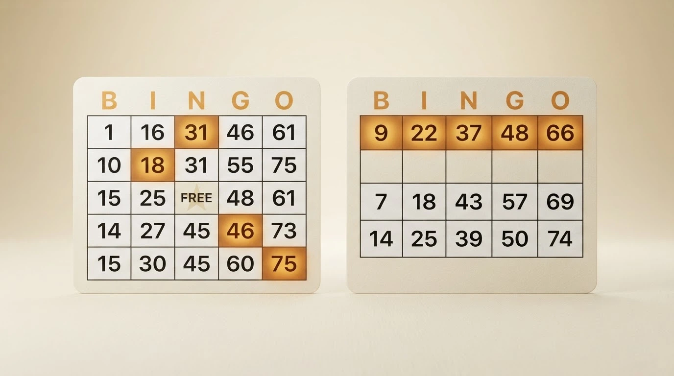 Dwie karty bingo obok siebie: plansza 5×5 z liczbami 1–75 i plansza 3×9 z liczbami 1–90, z zaznaczonymi wzorami wygranych